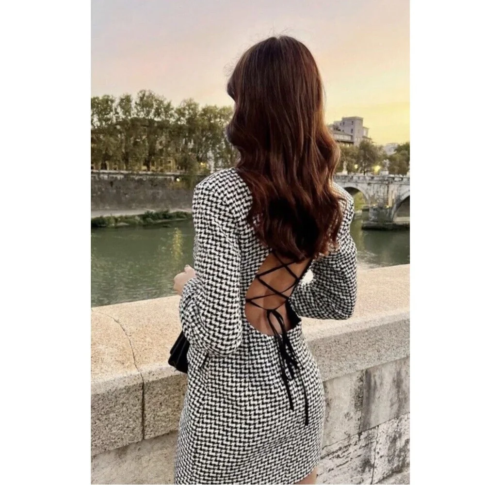 ZARA Tweed Houndstooth Lace Up Open Back Preppy Academia Blazer Mini Dress S - Picture 8 of 16